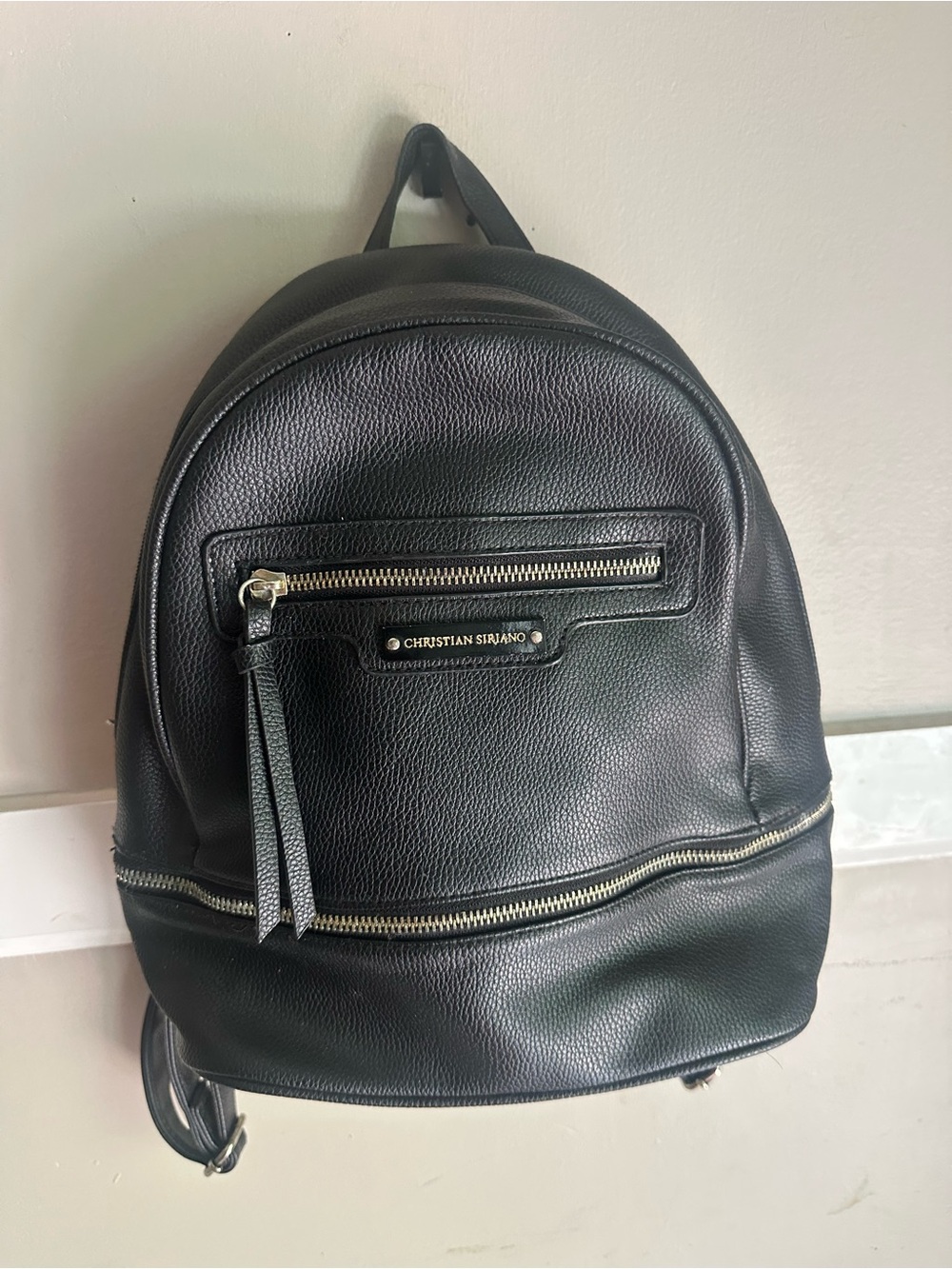 Christian Siriano Black Pebbled Leather Mini Backpack with Gold Zippers